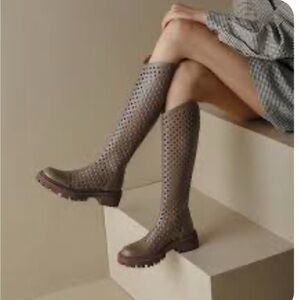 Looks Like Summer Nori Knee High Perforated Lug Sole Boots — Taupe, Size 38, New